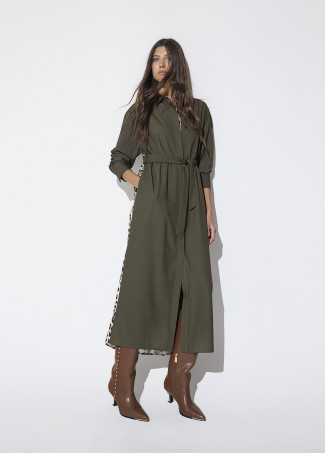 Vestito Camicia Kaki con Contrasto Stampa Animale