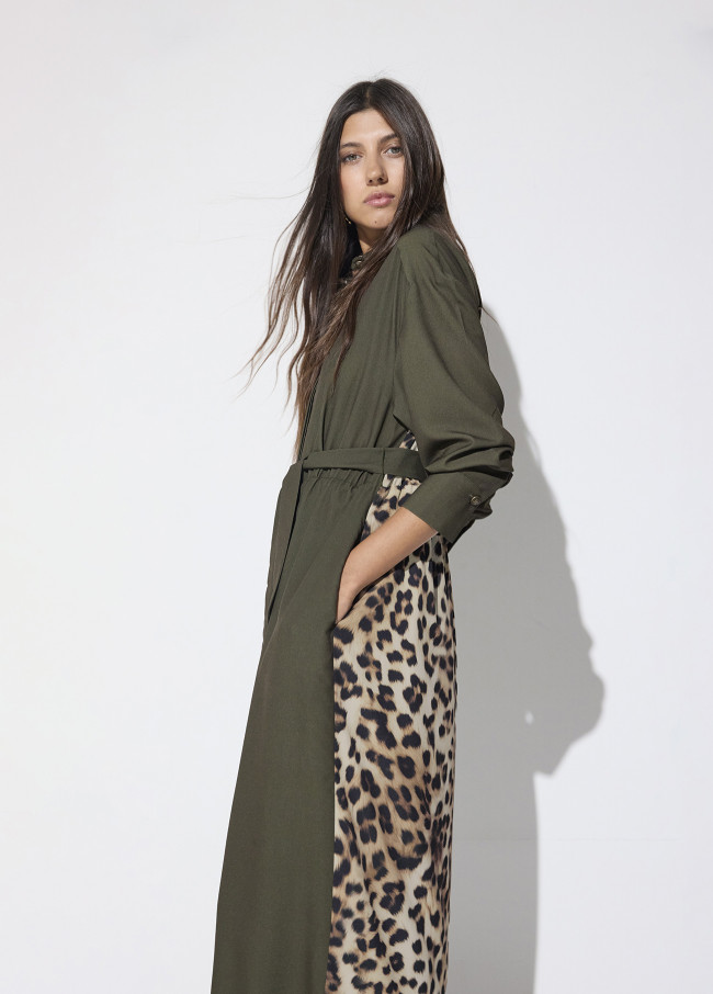 Vestito Camicia Kaki con Contrasto Stampa Animale