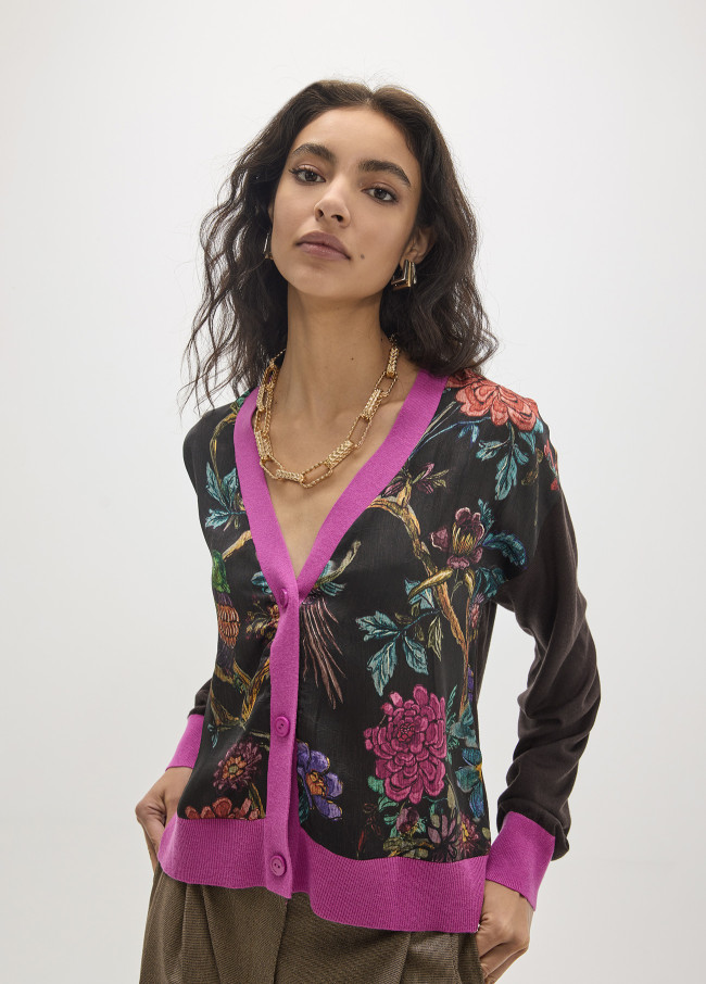 Cardigã bimaterial estampado