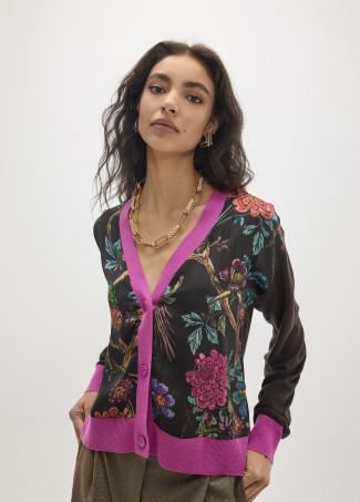 Cardigã bimaterial estampado