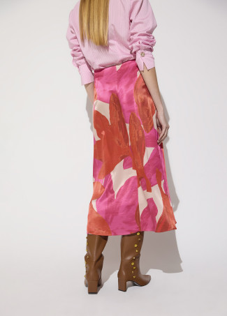 Saia evasê de cetim estampada floral com nó lateral