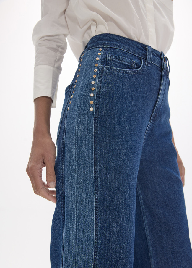 Denim Comprido Reto com Peça Lateral Bicolor e...
