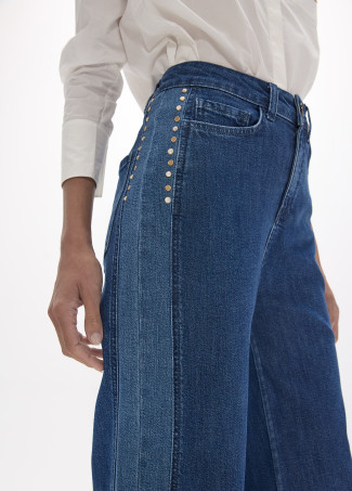 Denim Lungo Dritto con Inserto Laterale Bicolore e Borchie