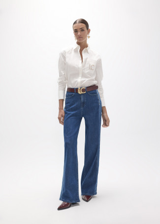 Denim Lungo Dritto con Inserto Laterale Bicolore e Borchie