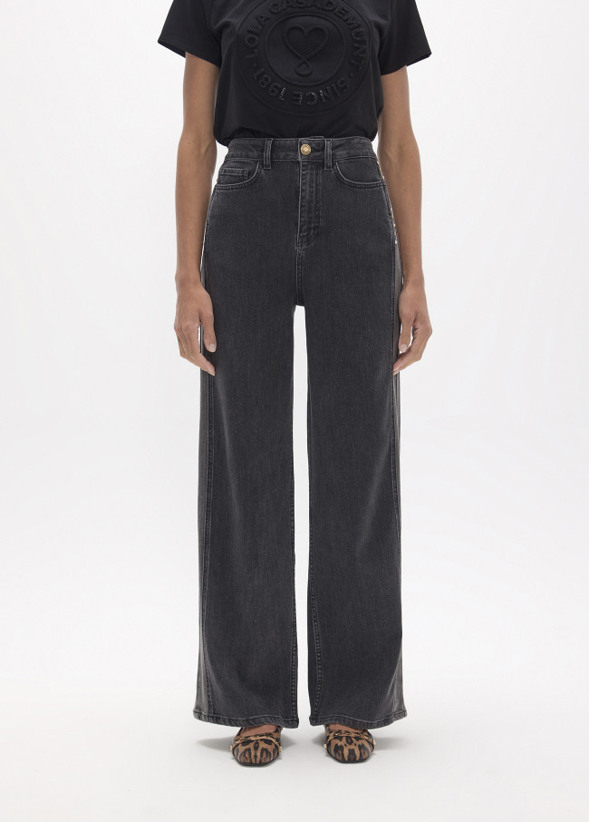 Denim Lungo Dritto con Lato Bicolore e Borchie