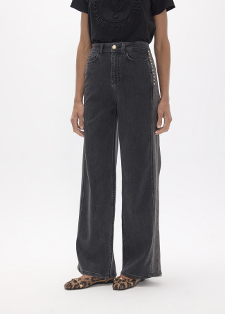 Denim Lungo Dritto con Lato Bicolore e Borchie