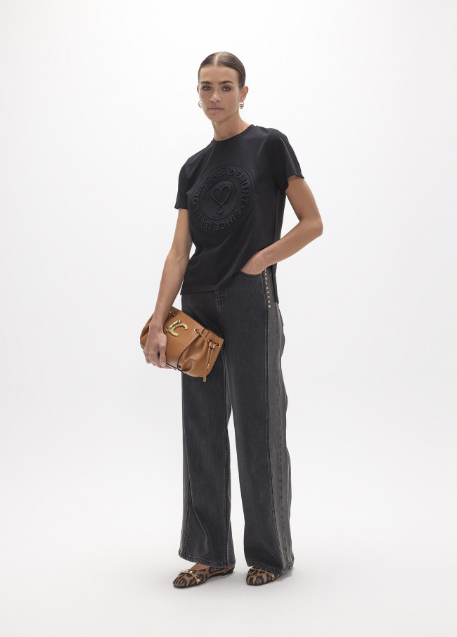 Denim Longo Reto com Lateral Bicolor e Tachas