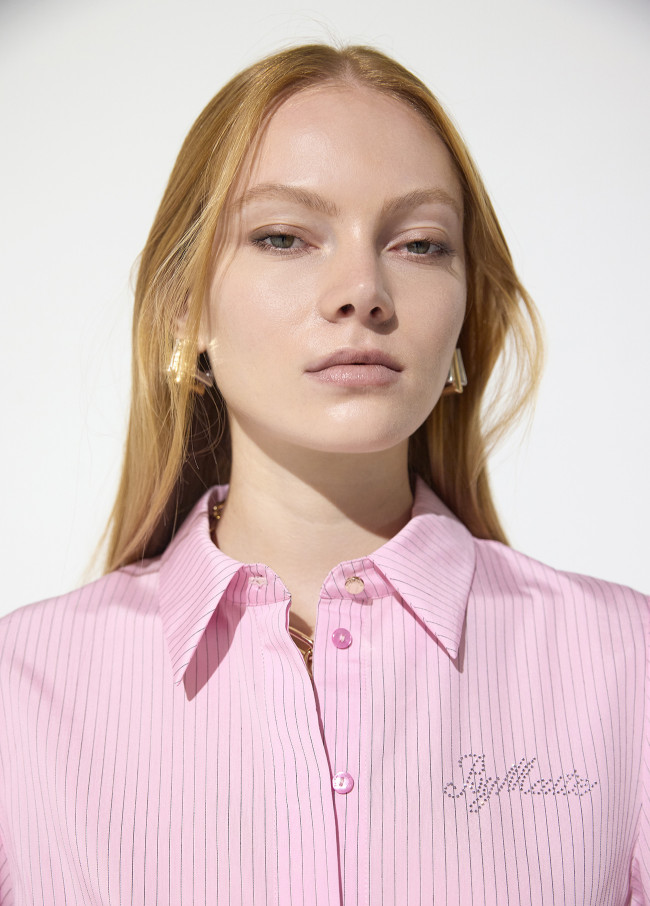 Chemise Cintrée en Popeline Rayée avec Logo et...