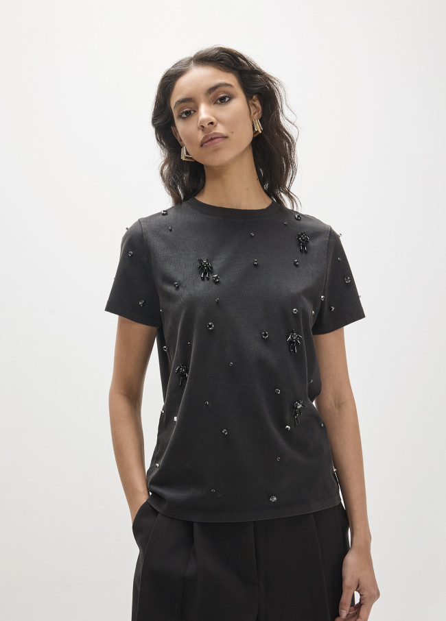 T-shirt Fit Basique Col Rond, Détails de Strass Devant