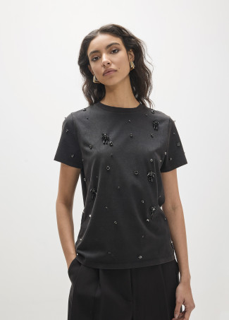 T-shirt Fit Basique Col Rond, Détails de Strass Devant