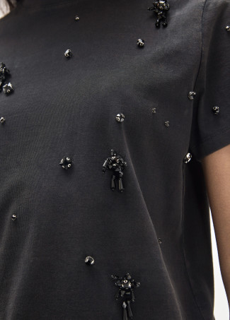 T-shirt Fit Basique Col Rond, Détails de Strass Devant