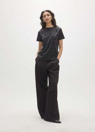 T-shirt Fit Basique Col Rond, Détails de Strass Devant