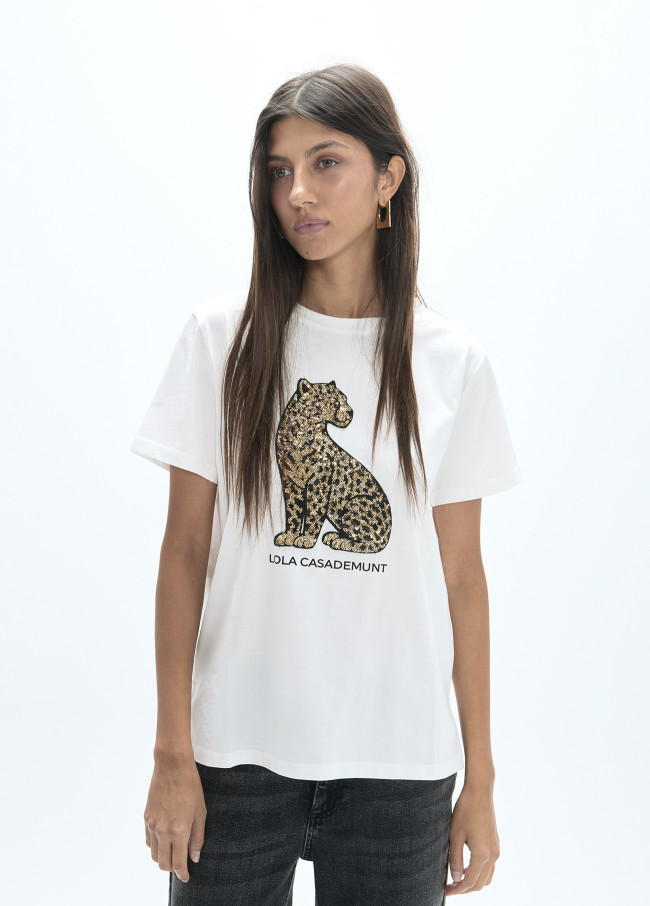 Crew Neck T-Shirt with Side Slits and Sequin Leopard