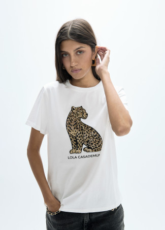 Rundhals-Shirt mit Seitenschlitzen und Pailletten-Leopard