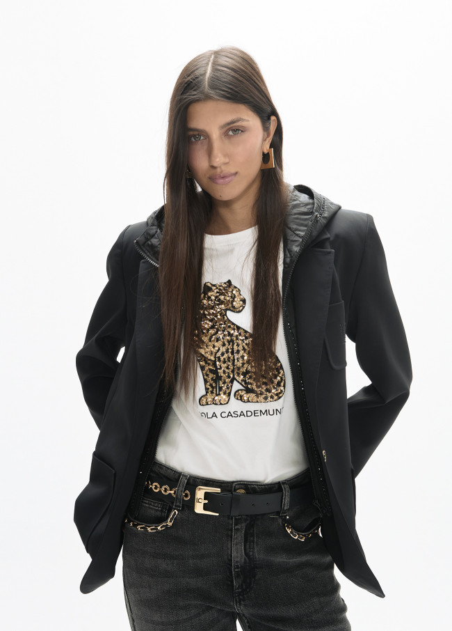 Crew Neck T-Shirt with Side Slits and Sequin...