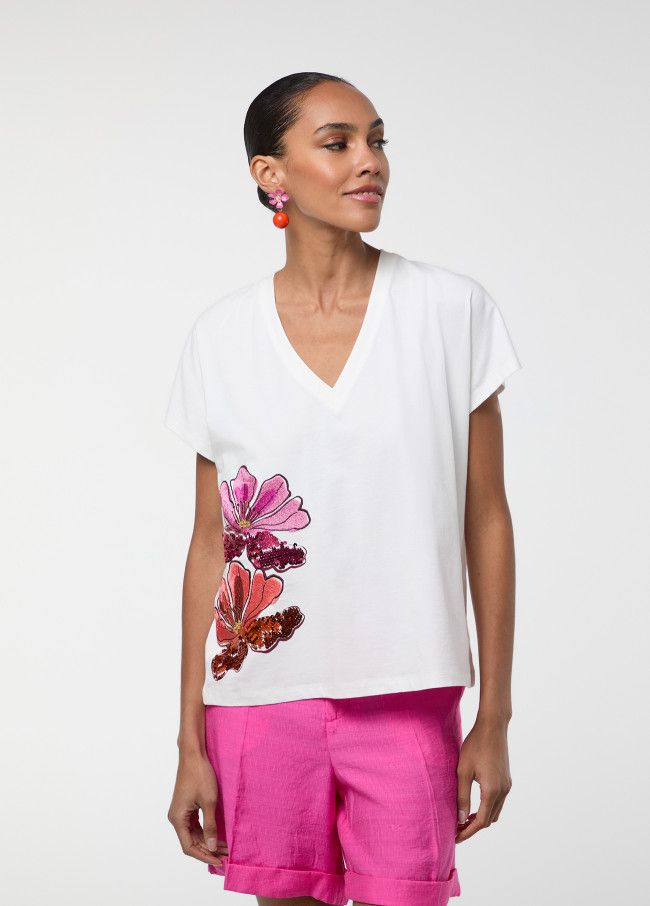 T-Shirt mit Großer Rosa Blume