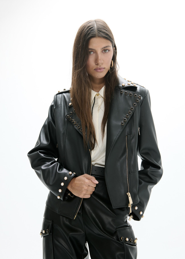 Giacca biker in PU borchiata