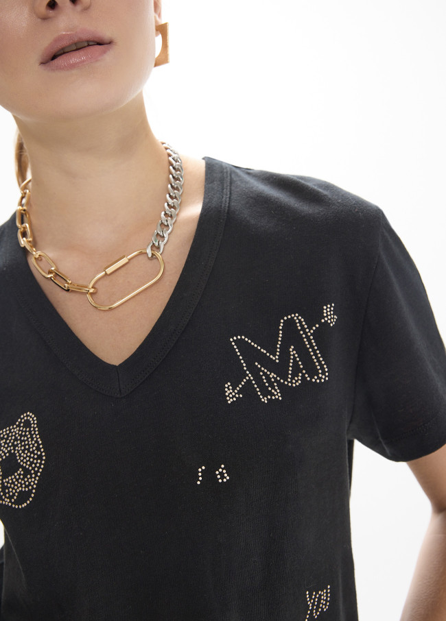 T-shirt con scollo a V con spacchi laterali,...