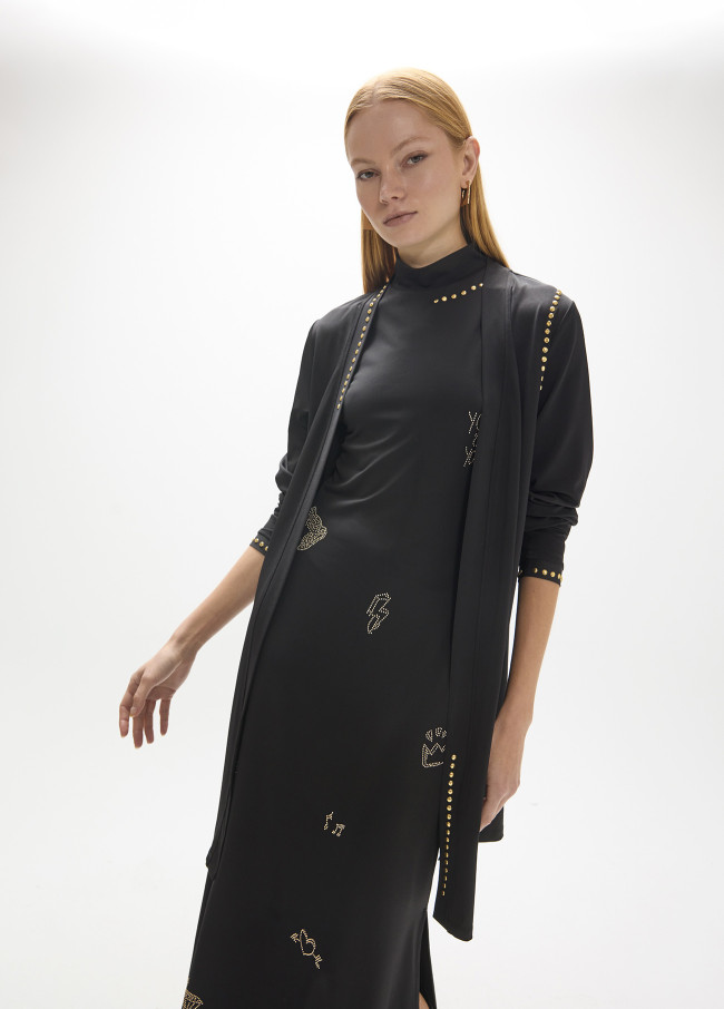 Cardigan lungo con dettagli strass dorati