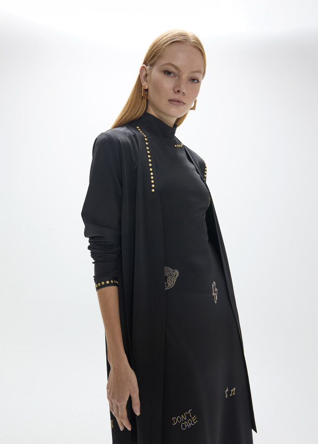 Cardigan lungo con dettagli strass dorati