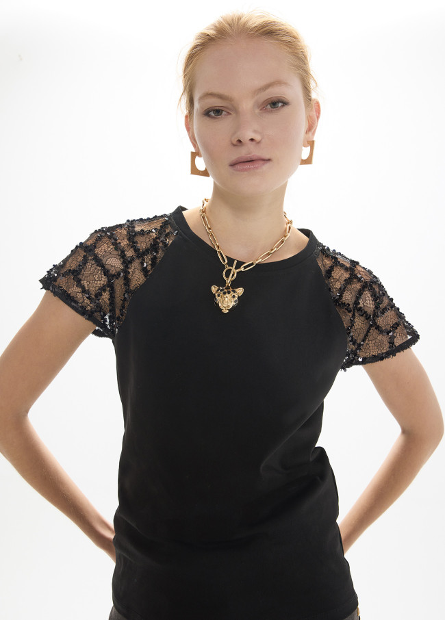 Figurbetontes Raglan-Top mit Spinnen-Spitze