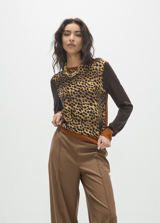 Leopard Print Bimaterial Sweater