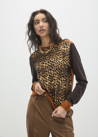 Suéter Bimaterial Estampa Leopardo