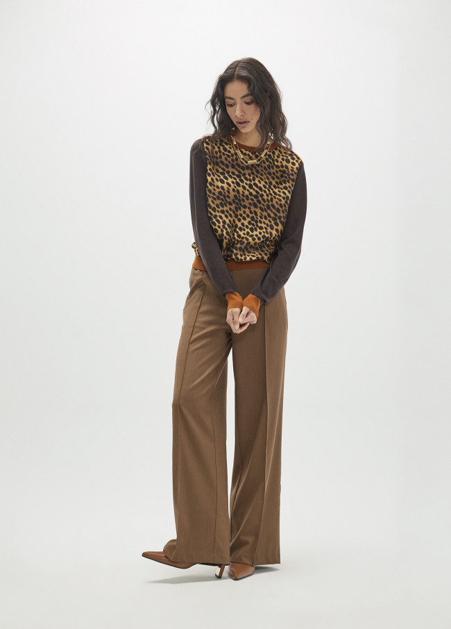 Suéter Bimaterial Estampa Leopardo