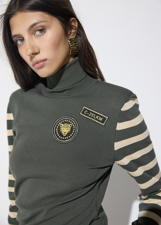 Suéter de Lurex Militar com Listras e Patches