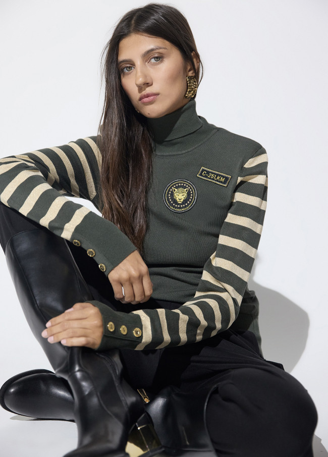 Maglione a righe lurex militare con patch