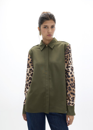 Camicia kaki combinata leopardo