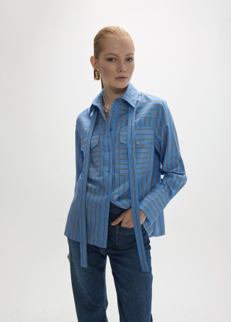 Camicia a Righe in Popeline a Maniche Lunghe con Fiocco Regolabile