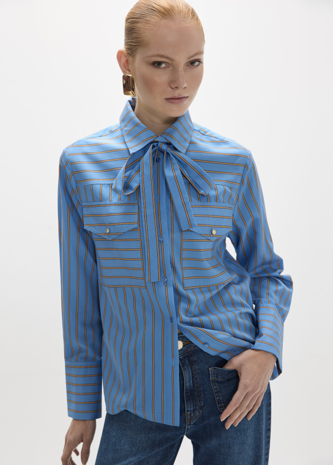 Camicia a Righe in Popeline a Maniche Lunghe con Fiocco...