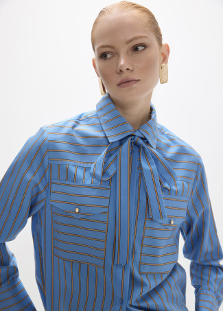 Camisa de Popelina com Riscos de Manga Comprida com Laço Ajustável