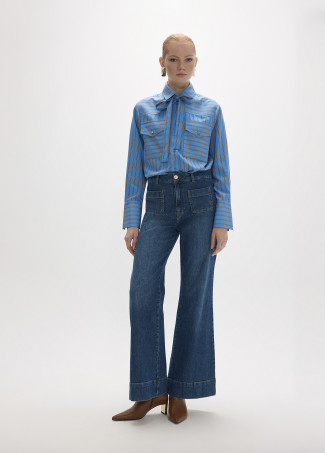 Long Sleeve Striped Poplin Shirt with Adjustable Bow