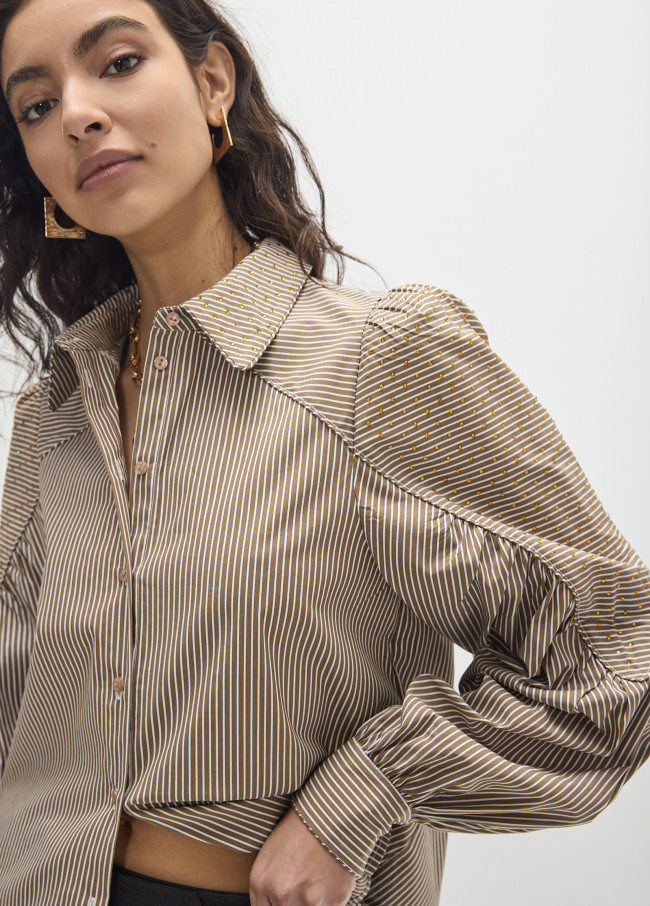 Camisa com Colarinho, Listras com Strass no Tom