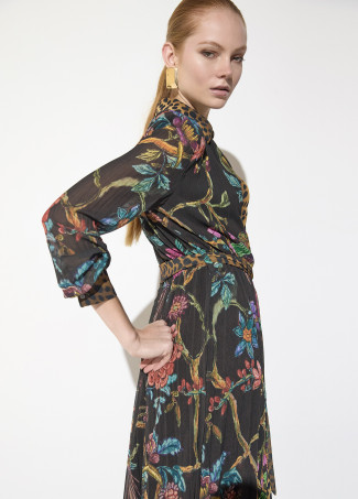 Pleated Printed Midi Dress with Contrast Placket