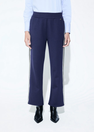 Pantaloni Jogger Blu con Fascia Laterale Bicolore e Strass