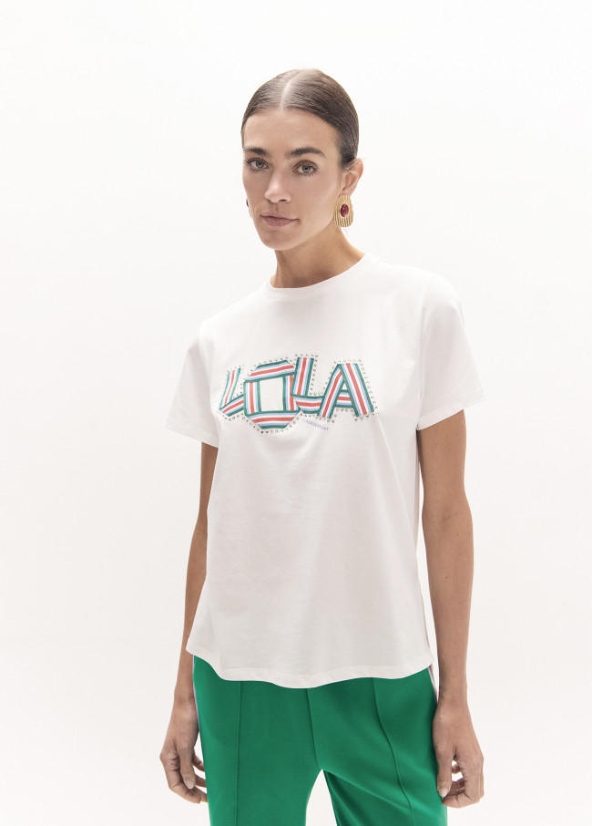 T-shirt Girocollo con Aperture Laterali e Bande...