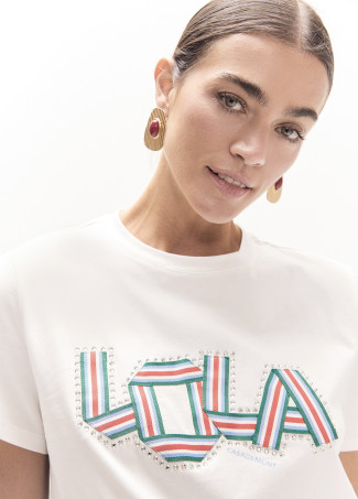 T-shirt Col Rond avec Ouvertures Latérales et Bandes de Tissu avec Cristaux