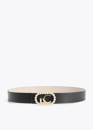 Reversible Belt with Oval Buckle and Embedded Pearls.
