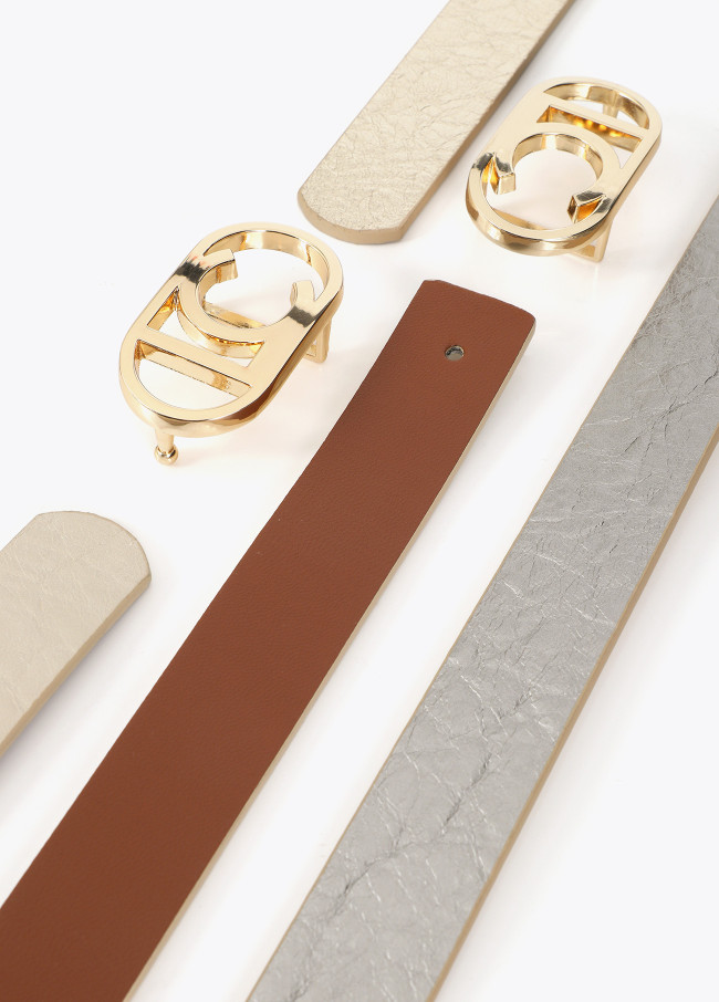 Metallic Reversible Thin Belt with Oval Buckle