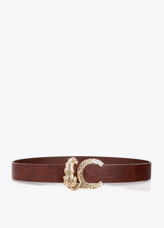 Faux Leather Textured Belt with Animal Buckle