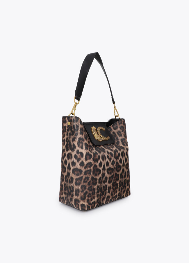 Shopper con cadena y logo leopardo efecto piel