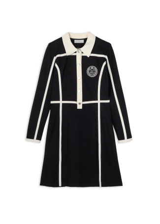 Short Roma Knit Dress, Polo Collar with Contrasting Bicolor Bands and Front Patch
