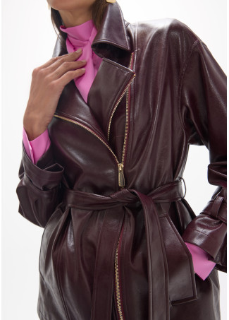 Giacca lunga stile biker in effetto pelle con cintura