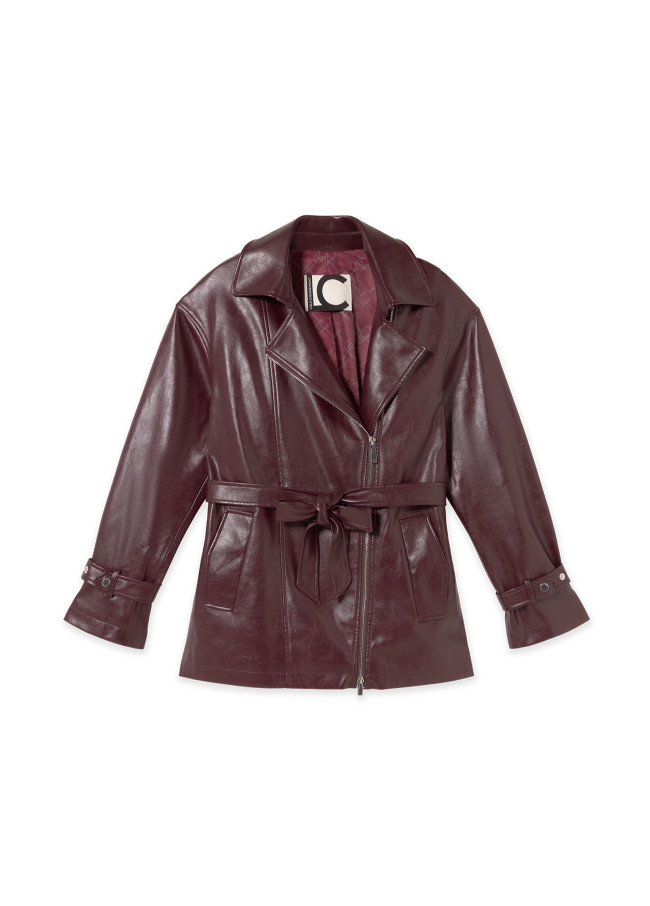 Long Biker-Style Jacket in Faux Leather with Belt