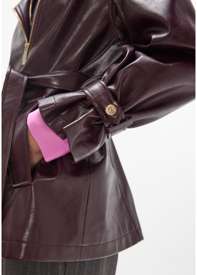 Long Biker-Style Jacket in Faux Leather with Belt