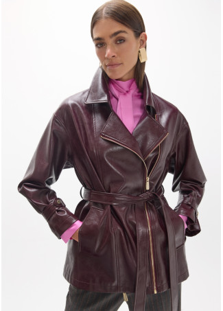 Giacca lunga stile biker in effetto pelle con cintura