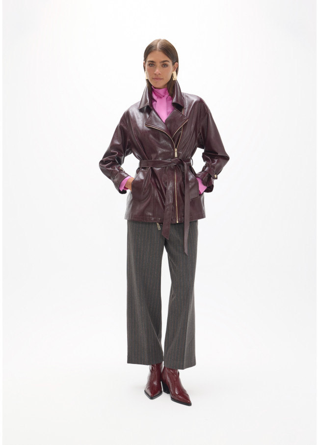 Long Biker-Style Jacket in Faux Leather with Belt